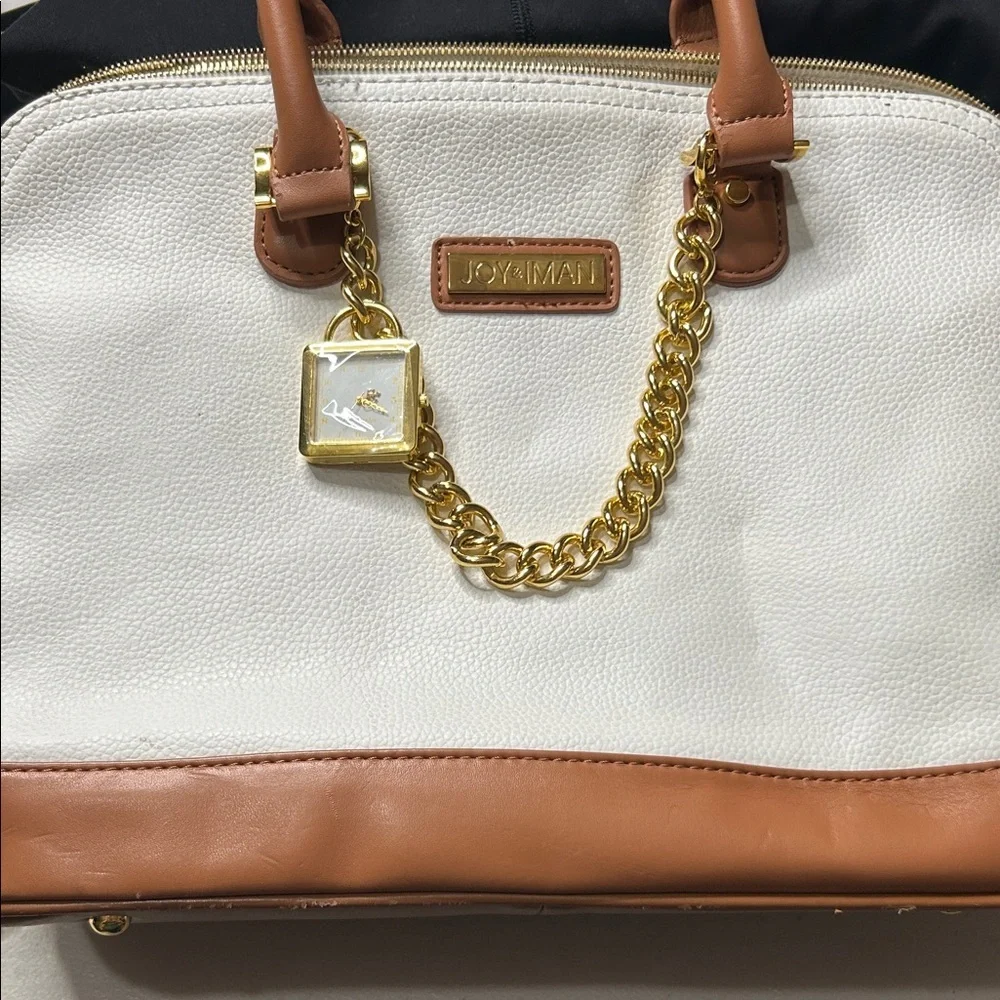 Joy & Iman White and Tan Satchel with Gold Chain
